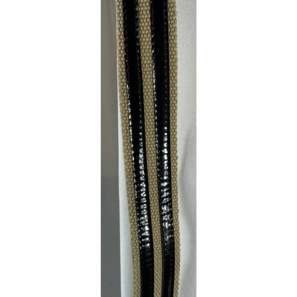 Tan Canvas Web Belt Black Patent Stripes‎ Military Flip Buckle Adjustable 70-19